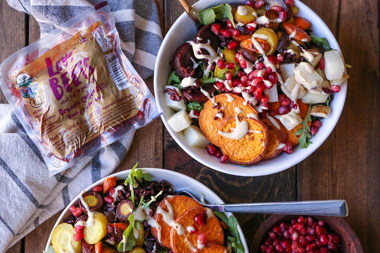 Roasted Winter Vegetable Rice Bowls with Nutmeg Tahini Dressing - a nutritious vegan meal | TheRoastedRoot.net #vegetarian #glutenfree #vegan #almostpaleo #lovebeets