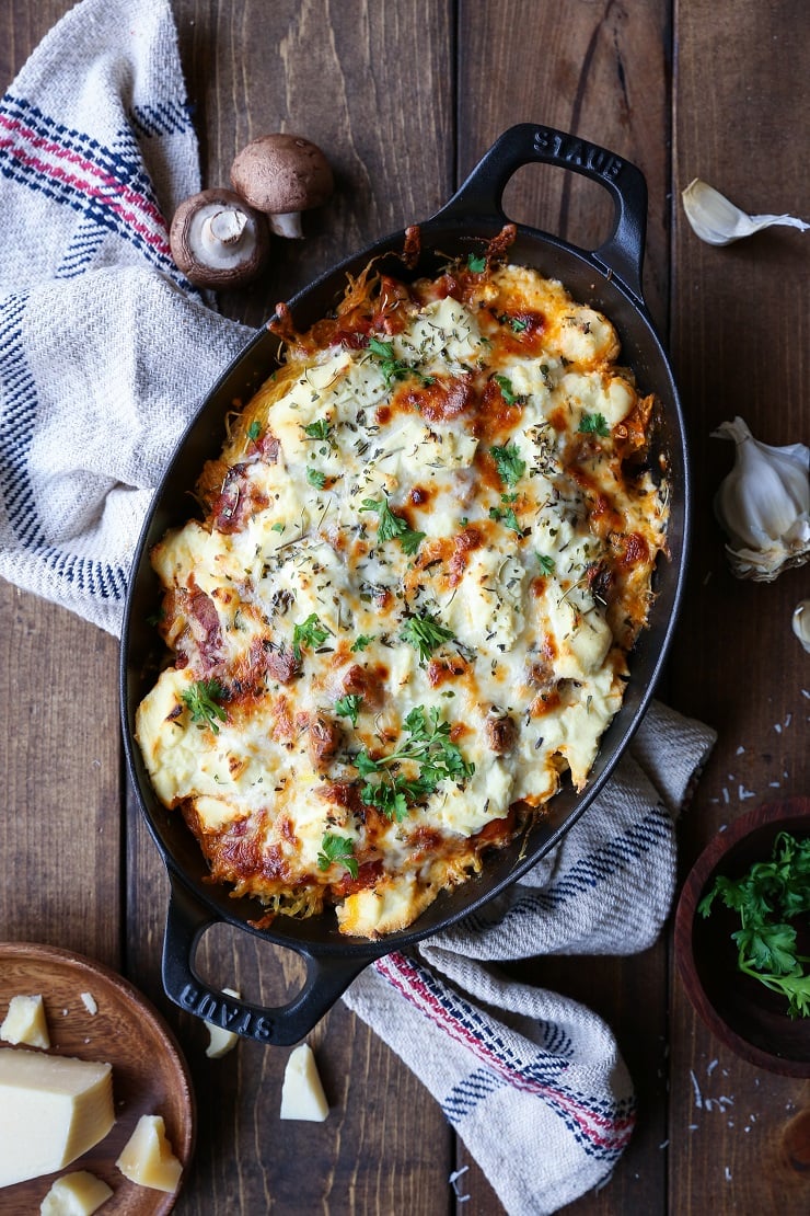 Three Cheese Mushroom Bolognese Spaghetti Squash Casserole - a comforting vegetarian meal | TheRoastedRoot.net #glutenfree #recipe #dinner