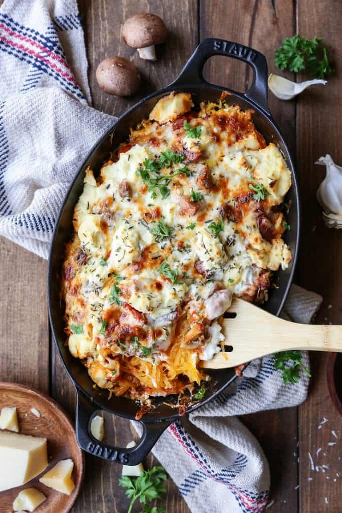 Three Cheese Mushroom Bolognese Spaghetti Squash Casserole - a comforting vegetarian meal | TheRoastedRoot.net #glutenfree #recipe #dinner