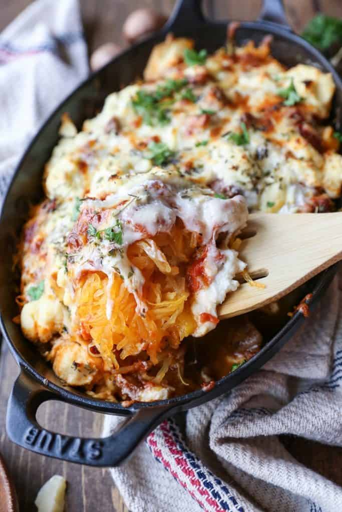 Mushroom Bolognese Spaghetti Squash Casserole - a comforting vegetarian meal | TheRoastedRoot.net #glutenfree #recipe #dinner