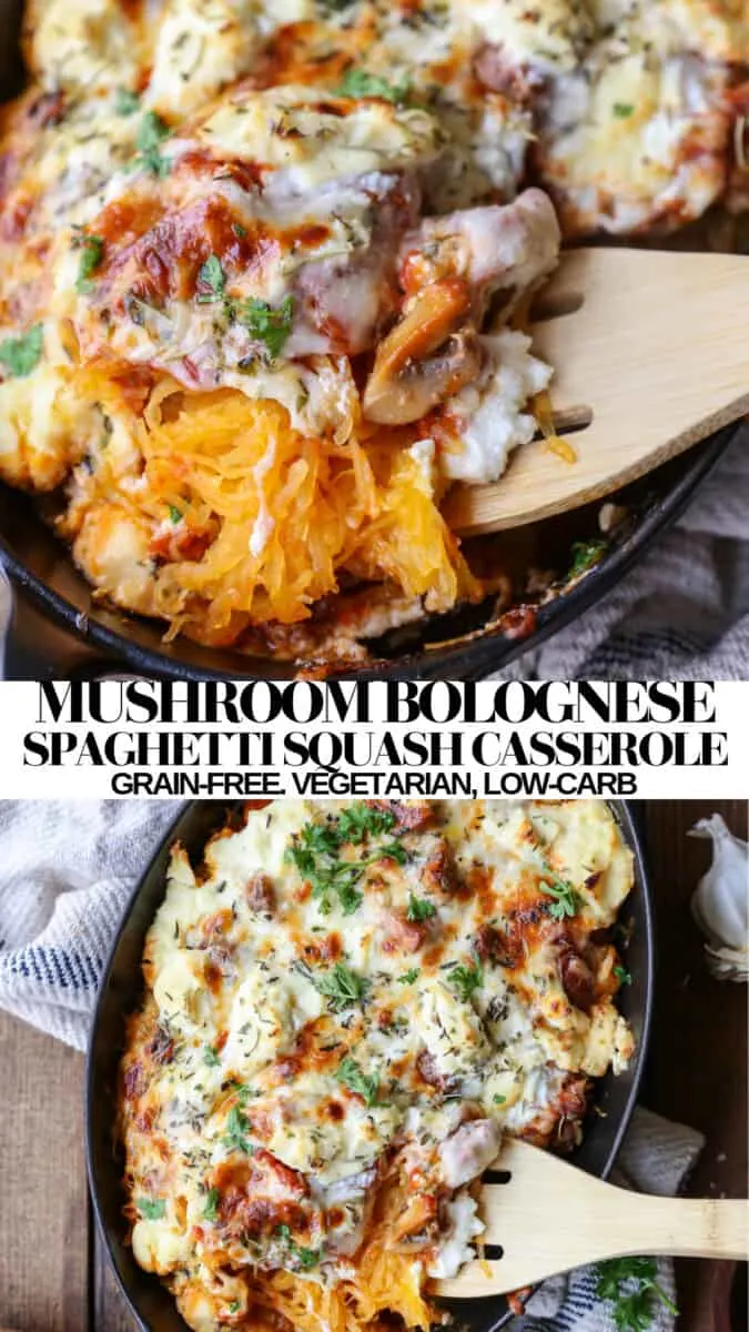 Mushroom Bolognese Spaghetti Squash Casserole - a healthy vegetarian dinner recipe - low-carb, nutritious, grain-free