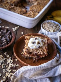 Chocolate Chip Banana Bread Baked Oatmeal | TheRoastedRoot.net #healthy #glutenfree #breakfast #recipe