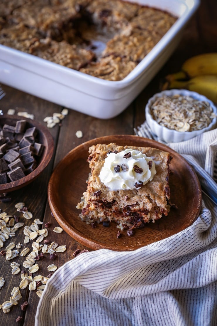 Chocolate Chip Banana Bread Baked Oatmeal | TheRoastedRoot.net #healthy #glutenfree #breakfast #recipe