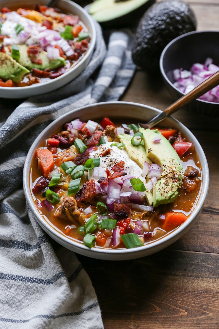 Loaded Turkey Chili | TheRoastedRoot.net #healthy #glutenfree #slowcooker