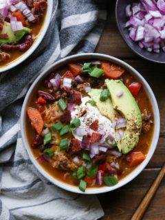 Loaded Turkey Chili | TheRoastedRoot.net #healthy #glutenfree #slowcooker