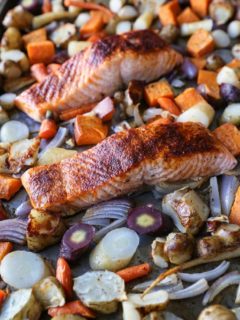 Salmon and Roasted Root Vegetable Sheet Pan Dinner | TheRoastedRoot.net #healthy #recipe #paleo #whole30