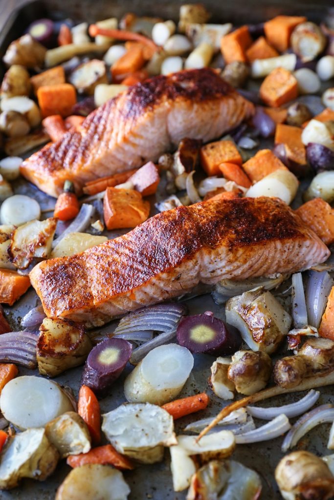 Salmon and Roasted Root Vegetable Sheet Pan Dinner | TheRoastedRoot.net #healthy #recipe #paleo #whole30