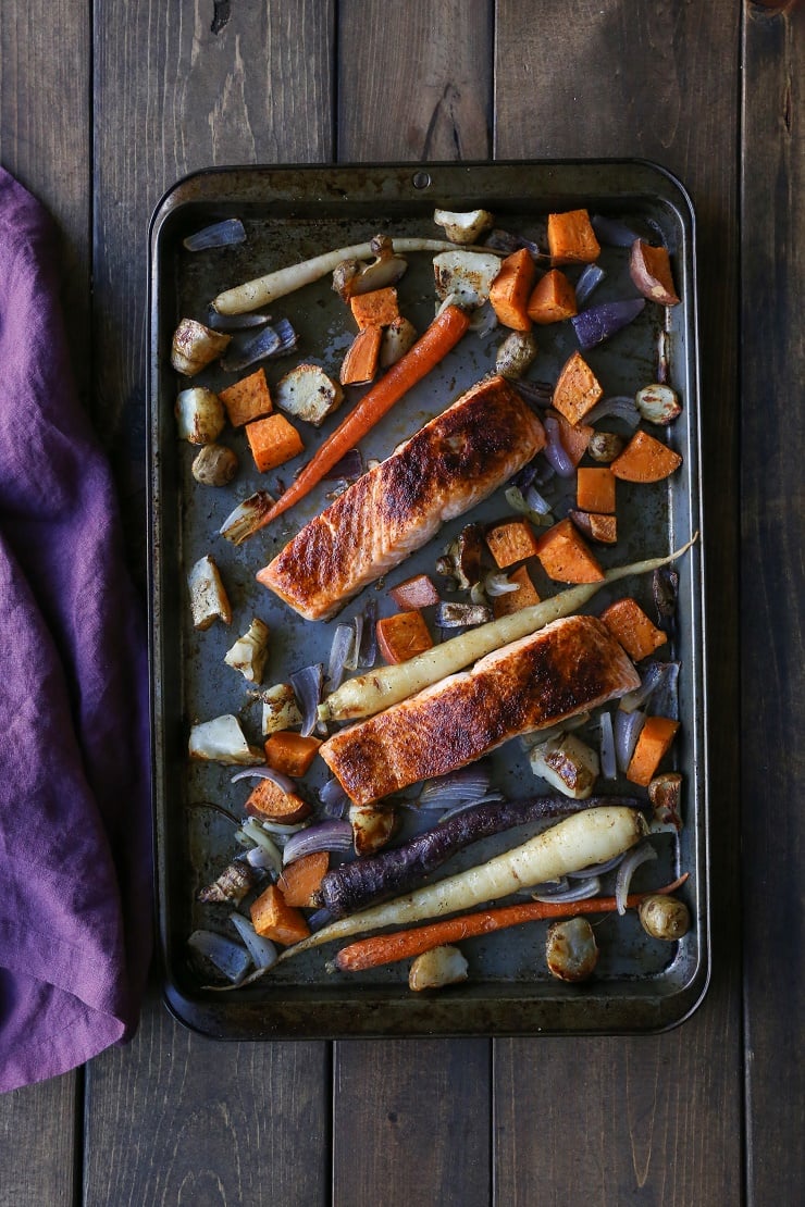 SALMON AND ROOT VEGETABLE SHEET PAN DINNER Salmon and Roasted Root Vegetable Sheet Pan Dinner | TheRoastedRoot.net #healthy #recipe #paleo #whole30