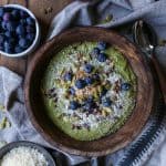 Superfood Green Smoothie Bowl with avocado, greens, cacao nibs, and blueberries | TheRoastedRoot.net #healthy #breakfast #snack