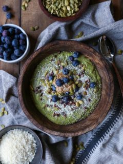 Superfood Green Smoothie Bowl with avocado, greens, cacao nibs, and blueberries | TheRoastedRoot.net #healthy #breakfast #snack