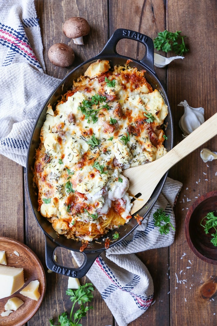 MUSHROOM BOLOGNESE SPAGHETTI SQUASH CASSEROLE Three Cheese Mushroom Bolognese Spaghetti Squash Casserole - a comforting vegetarian meal | TheRoastedRoot.net #glutenfree #recipe #dinner