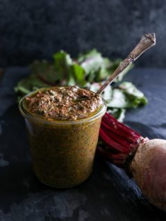 Beet Green Pesto - a superfood vegan sauce | TheRoastedRoot.net #healthy #recipe #vegan
