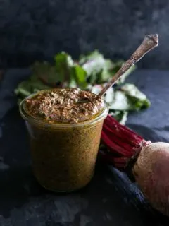 Beet Green Pesto - a superfood vegan sauce | TheRoastedRoot.net #healthy #recipe #vegan