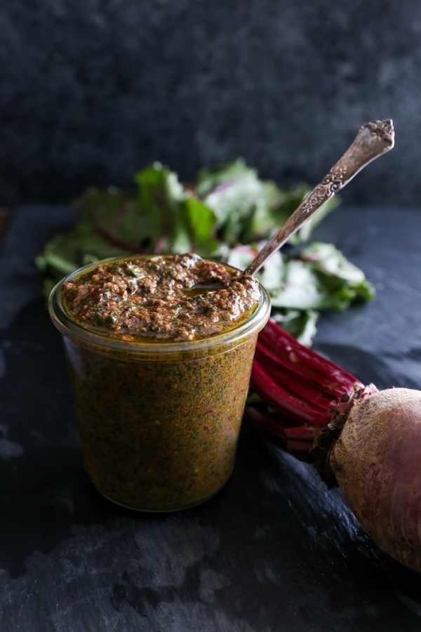 Beet Green Pesto - a superfood vegan sauce | TheRoastedRoot.net #healthy #recipe #vegan