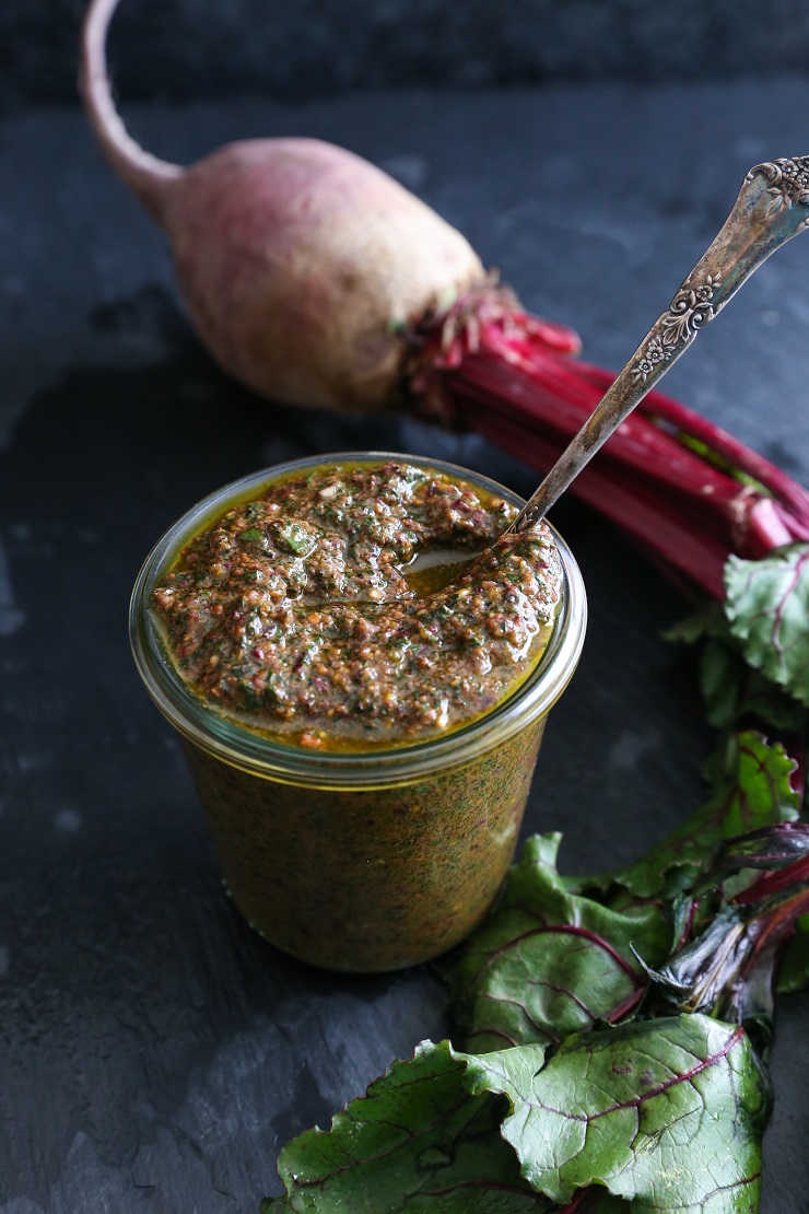 Beet Green Pesto - a superfood vegan sauce | TheRoastedRoot.net #healthy #recipe #vegan 