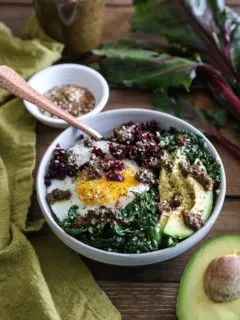 Beet Rice and Garlicky Kale Bowls with Beet Green Pesto - an easy-to-make clean, superfood dinner recipe | TheRoastedRoot.net #vegetarian #vegan #paleo #glutenfree