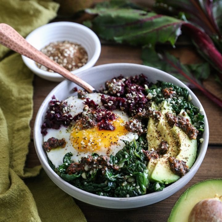Beet Rice and Garlicky Kale Bowls with Beet Green Pesto - an easy-to-make clean, superfood dinner recipe | TheRoastedRoot.net #vegetarian #vegan #paleo #glutenfree