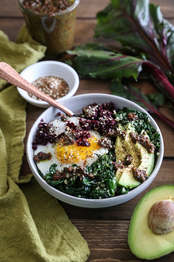 Beet Rice and Garlicky Kale Bowls with Beet Green Pesto - an easy-to-make clean, superfood dinner recipe | TheRoastedRoot.net #vegetarian #vegan #paleo #glutenfree