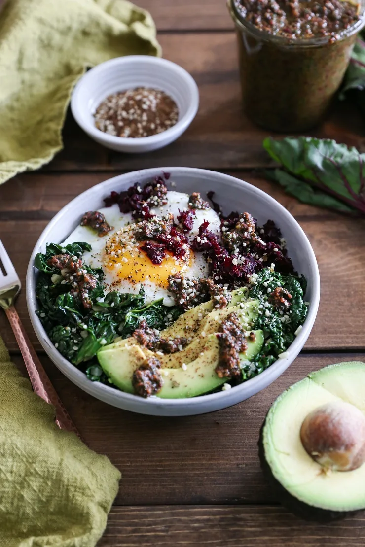 Beet Rice and Garlicky Kale Bowls with Beet Green Pesto - an easy-to-make clean, superfood dinner recipe | TheRoastedRoot.net #vegetarian #vegan #paleo #glutenfree