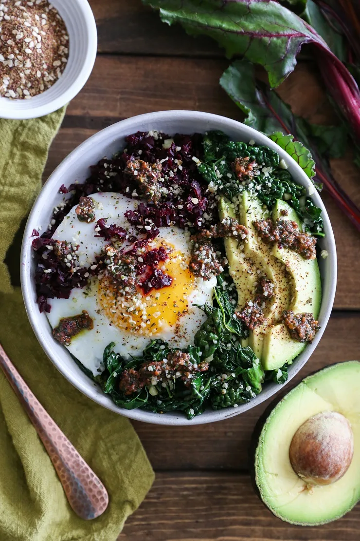 Beet Rice and Garlicky Kale Bowls with Beet Green Pesto - an easy-to-make clean, superfood dinner recipe | TheRoastedRoot.net #vegetarian #vegan #paleo #glutenfree