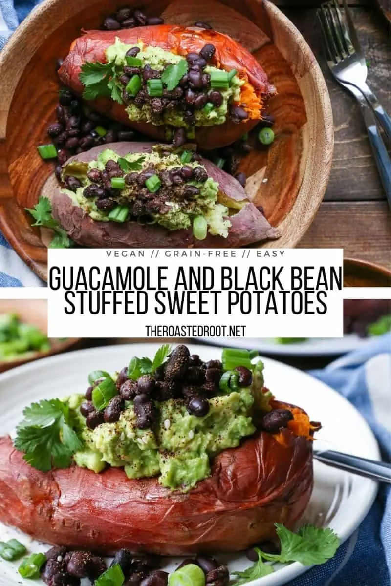 Guacamole and Black Bean Loaded Sweet Potatoes are a healthy vegan dinner recipe or side dish - vegetarian, grain-free, dairy-free, whole food, delicious