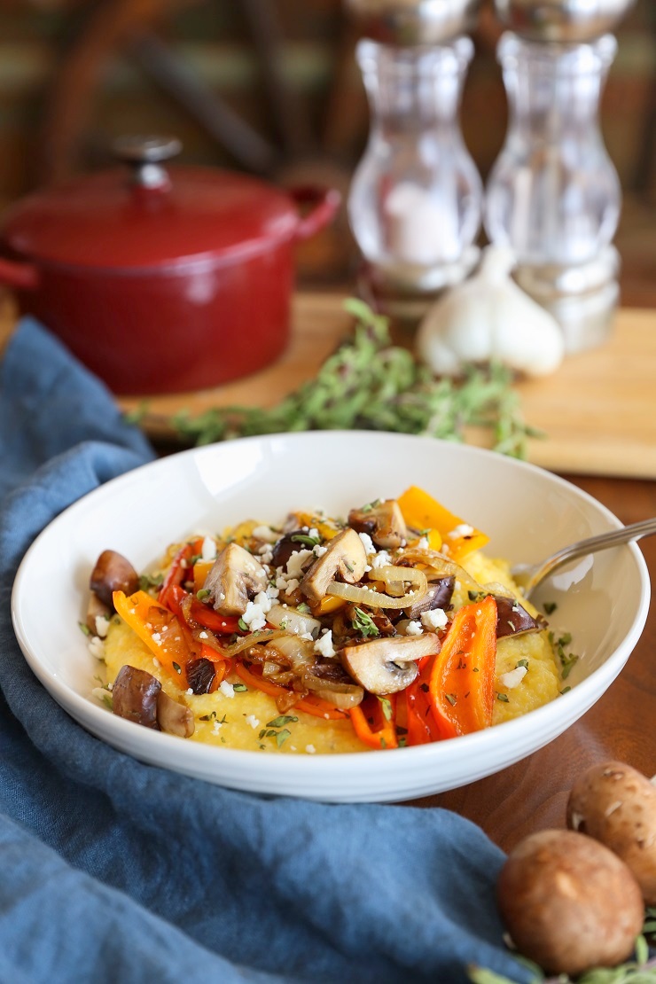 Creamy Polenta with Caramelized Onions, Peppers, and Mushrooms | TheRoastedRoot.net #vegetarian #glutenfree #dinner