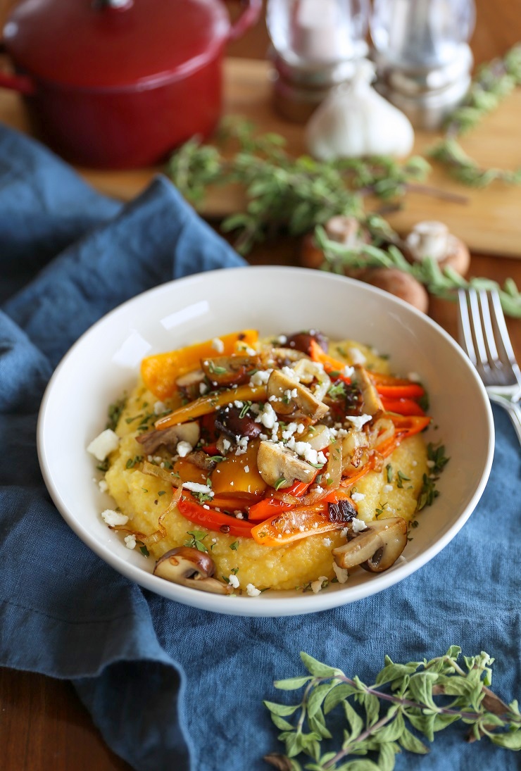 Creamy Polenta with Caramelized Onions, Peppers, and Mushrooms | TheRoastedRoot.net #vegetarian #glutenfree #dinner