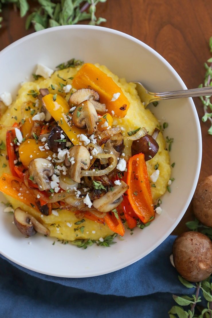 Creamy Polenta with Caramelized Onions, Peppers, and Mushrooms | TheRoastedRoot.net #vegetarian #glutenfree #dinner