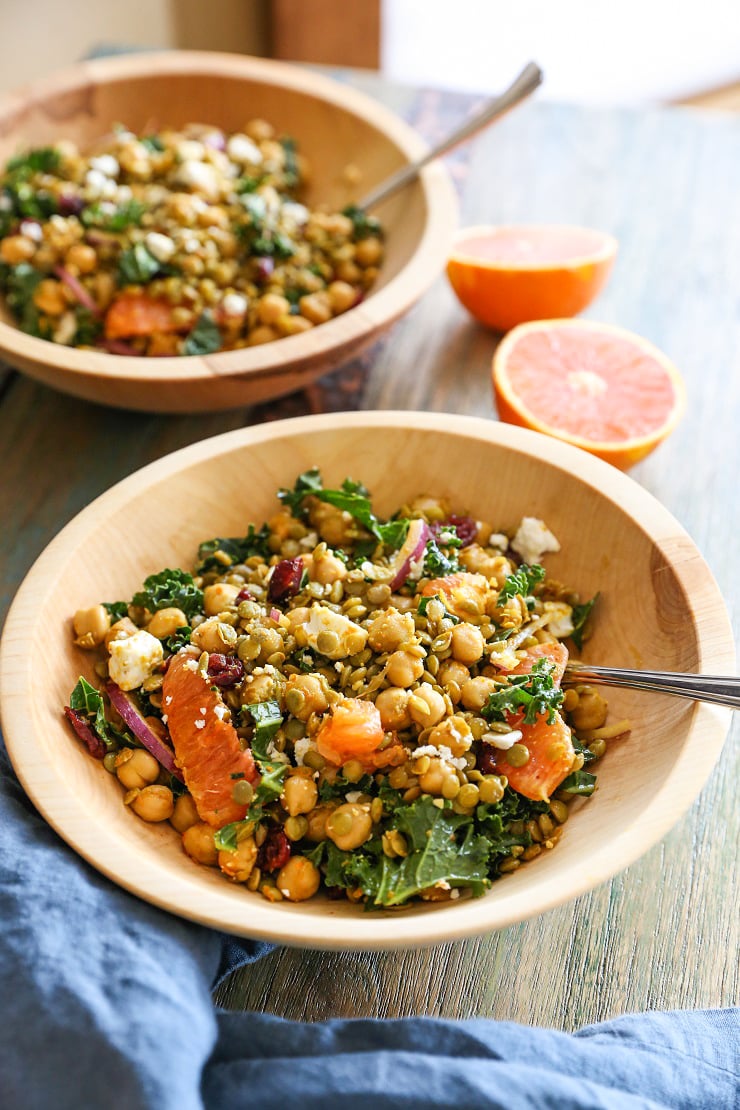 Curried Lentil, Chickpea, and Kale Salad with Citrus Dressing | TheRoastedRoot.net #healthy #recipe #vegetarian #glutenfree