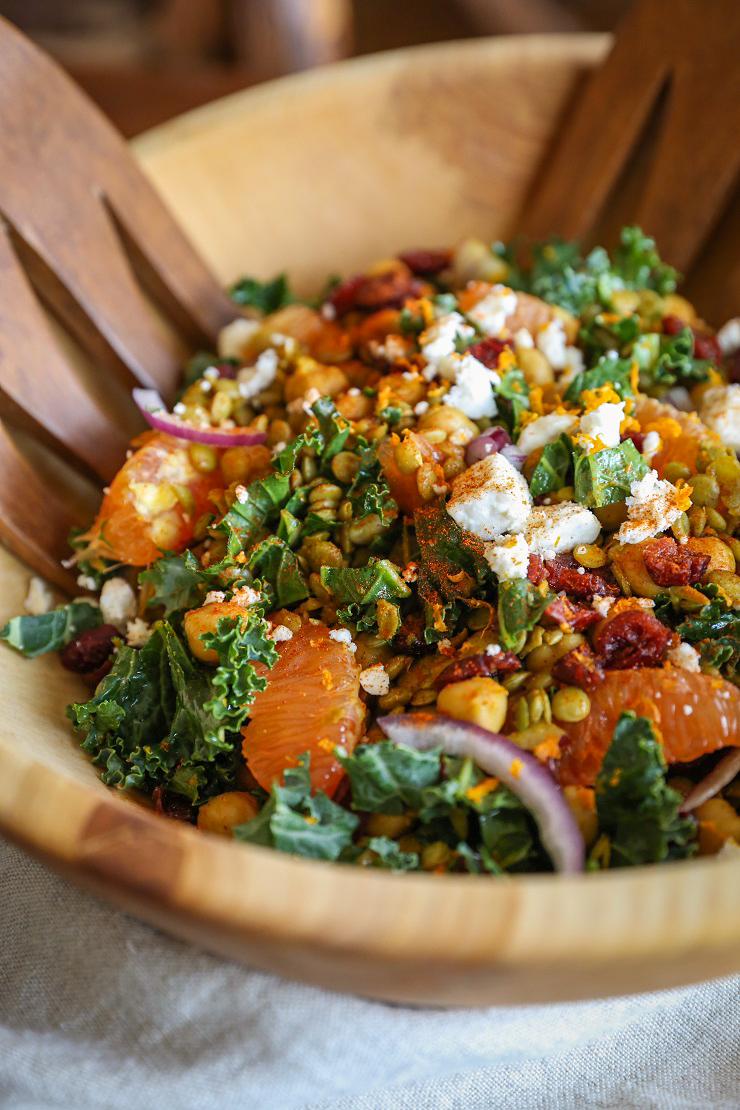 Curried Lentil, Chickpea, and Kale Salad with Citrus Dressing | TheRoastedRoot.net #healthy #recipe #vegetarian #glutenfree