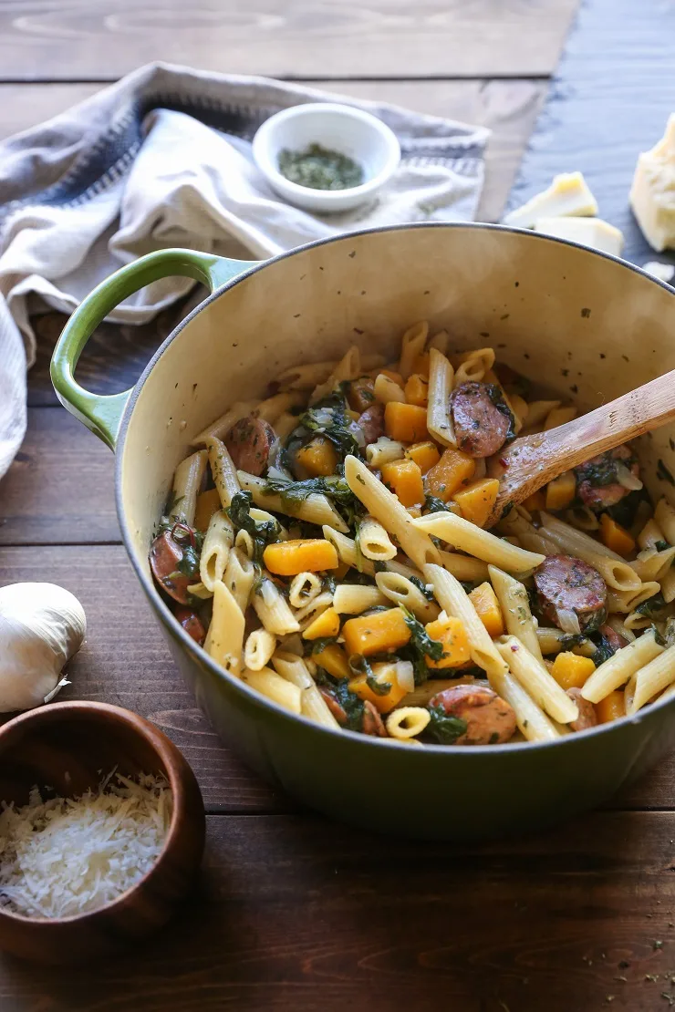 One Pot Butternut Squash and Sausage Pasta | TheRoastedRoot.net #recipe #dinner #glutenfree
