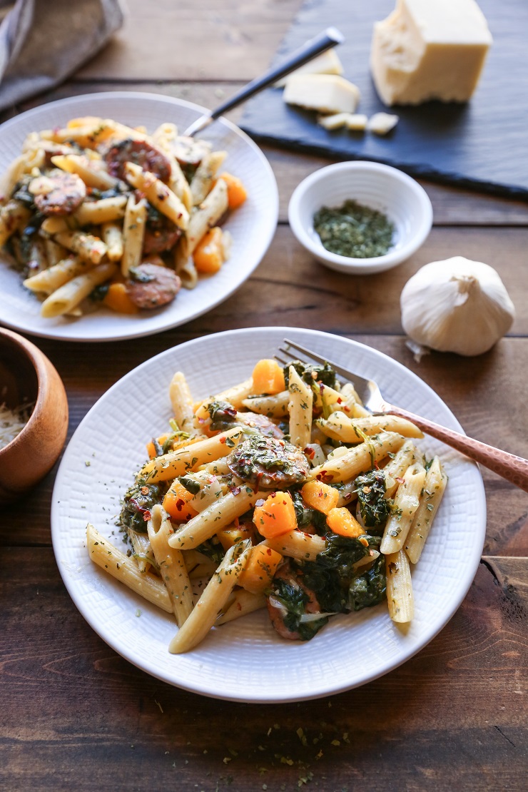 One Pot Butternut Squash and Sausage Pasta | TheRoastedRoot.net #recipe #dinner #glutenfree