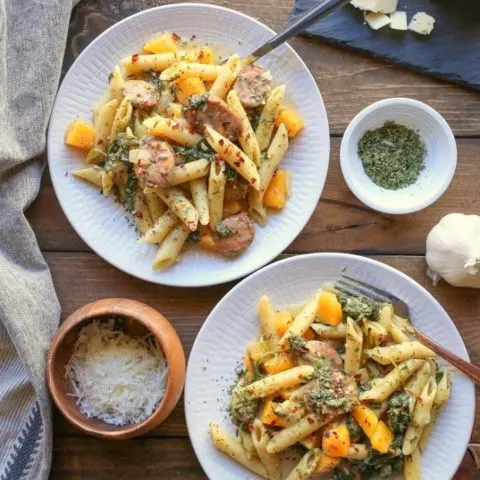 One Pot Butternut Squash and Sausage Pasta | TheRoastedRoot.net #recipe #dinner #glutenfree