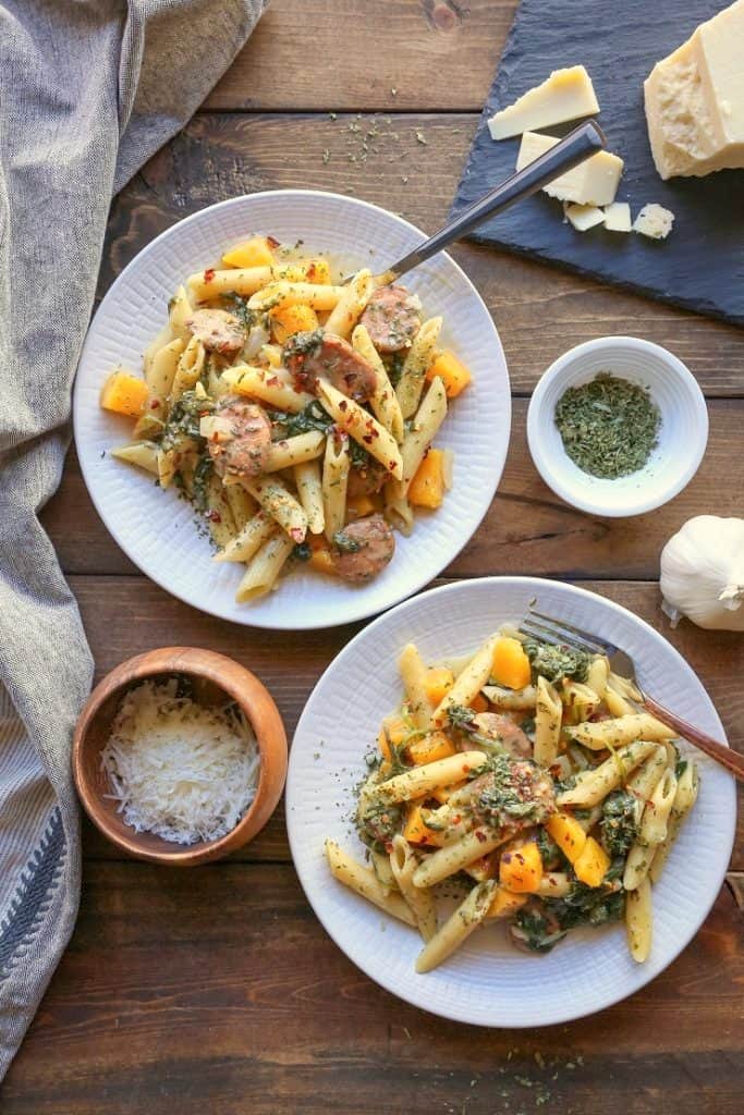 One Pot Butternut Squash and Sausage Pasta | TheRoastedRoot.net #recipe #dinner #glutenfree