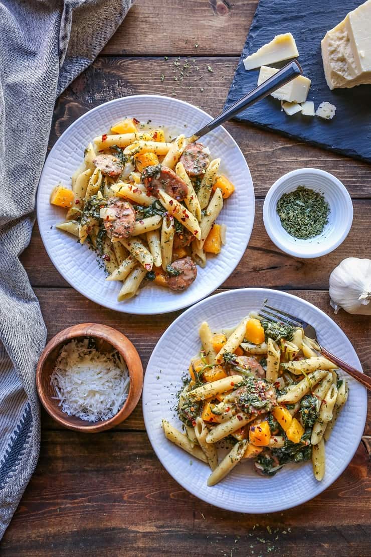 One Pot Butternut Squash and Sausage Pasta | TheRoastedRoot.net #recipe #dinner #glutenfree