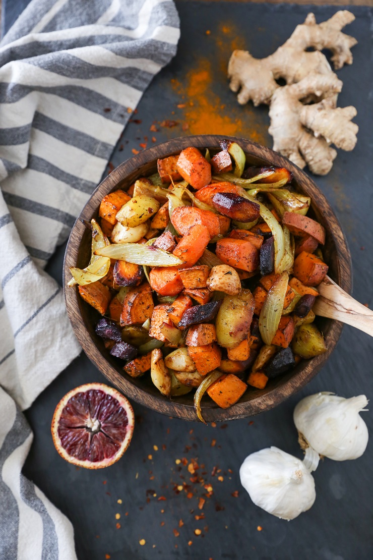 Orange Ginger Turmeric Roasted Root Vegetables | TheRoastedRoot.net #healthy #glutenfree #vegetarian #paleo