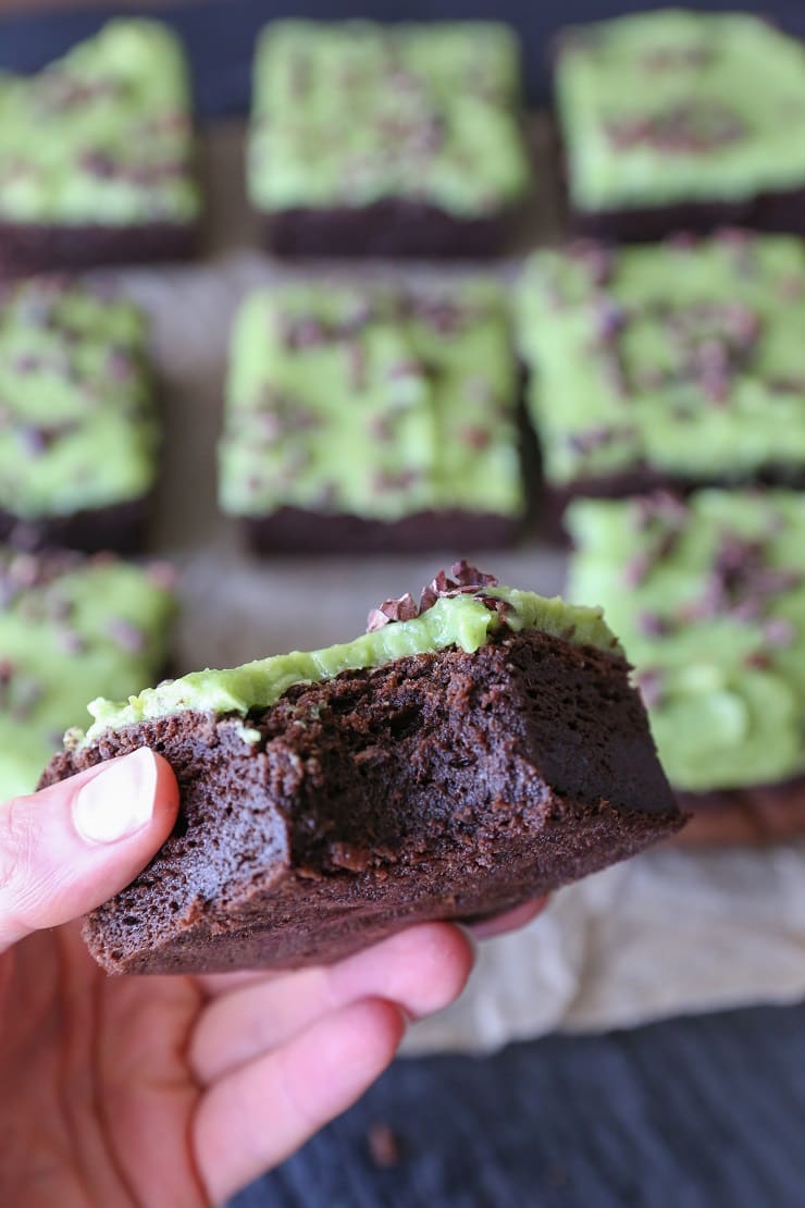 Cassava Flour Mint Brownies - grain-free, refined sugar-free, dairy-free | TheRoastedRoot.net #dessert #recipe #stpatricksday