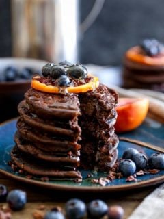 Chocolate Buckwheat Pancakes - gluten-free, packed with protein! | TheRoastedRoot.net #breakfast #glutenfree #pancakes