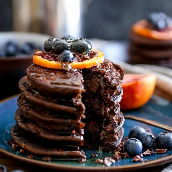 Chocolate Buckwheat Pancakes - gluten-free, packed with protein! | TheRoastedRoot.net #breakfast #glutenfree #pancakes