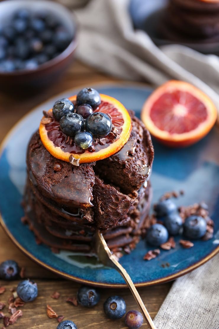 Chocolate Buckwheat Pancakes - gluten-free, packed with protein! | TheRoastedRoot.net #breakfast #glutenfree #pancakes