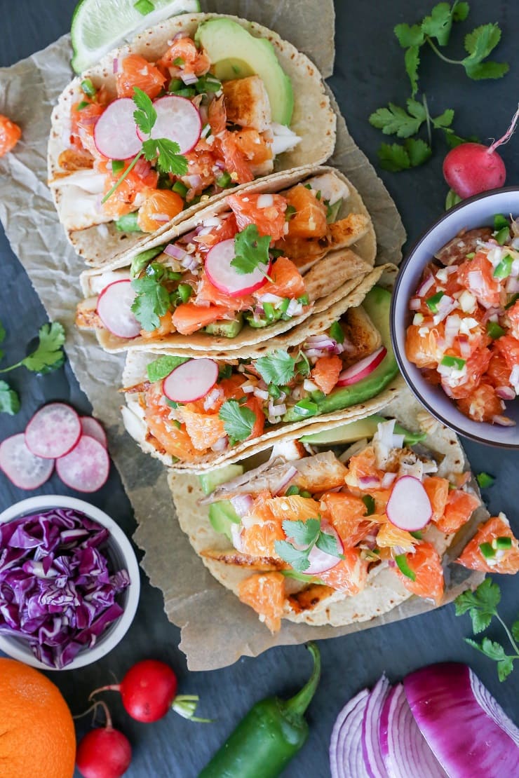 Fish Tacos with Orange Salsa | TheRoastedRoot.net #healthy #recipe #dinner #seafood #halibut