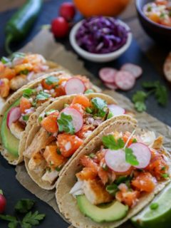 Fish Tacos with Orange Salsa | TheRoastedRoot.net #healthy #recipe #dinner #seafood #halibut