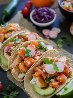 Fish Tacos with Orange Salsa | TheRoastedRoot.net #healthy #recipe #dinner #seafood #halibut