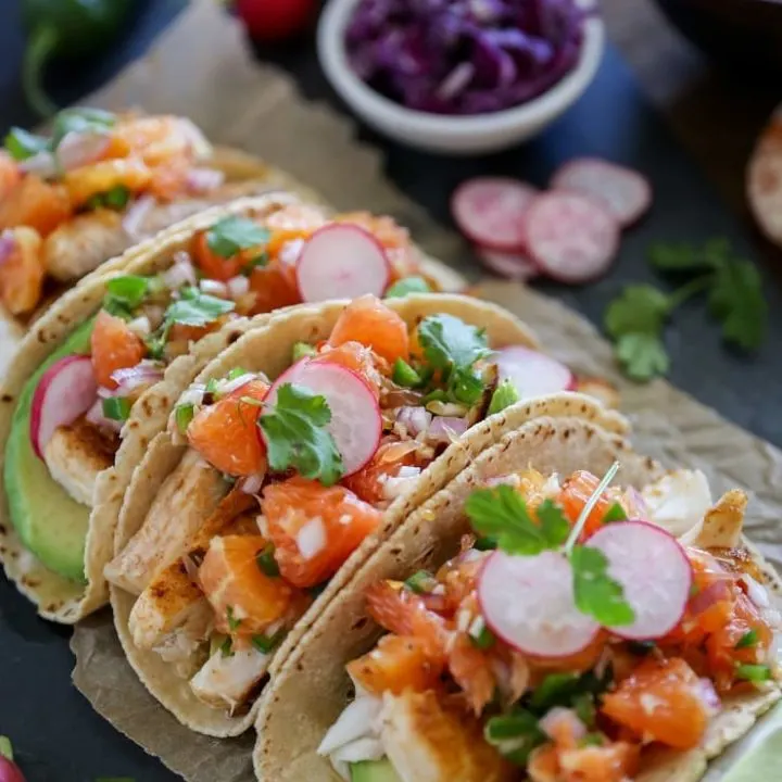Fish Tacos with Orange Salsa | TheRoastedRoot.net #healthy #recipe #dinner #seafood #halibut