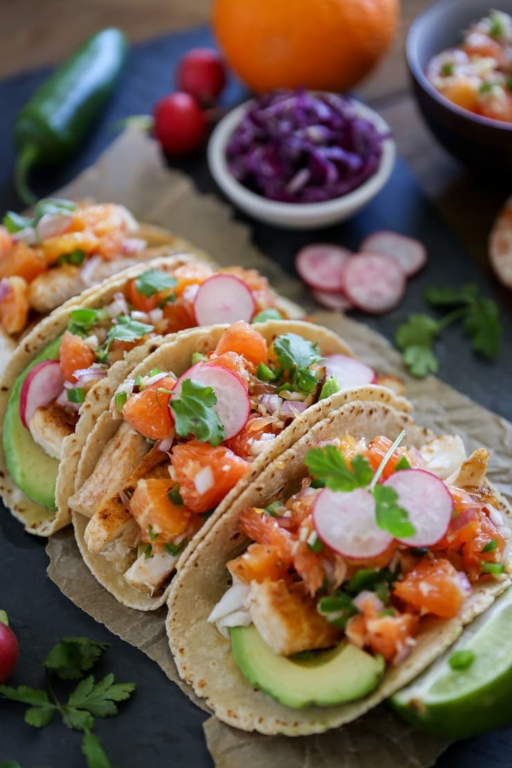 Fish Tacos with Orange Salsa | TheRoastedRoot.net #healthy #recipe #dinner #seafood #halibut