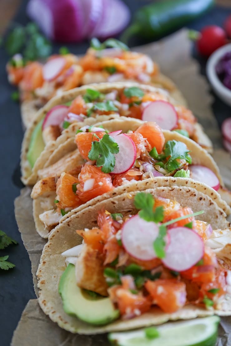 Fish Tacos with Orange Salsa | TheRoastedRoot.net #healthy #recipe #dinner #seafood #halibut