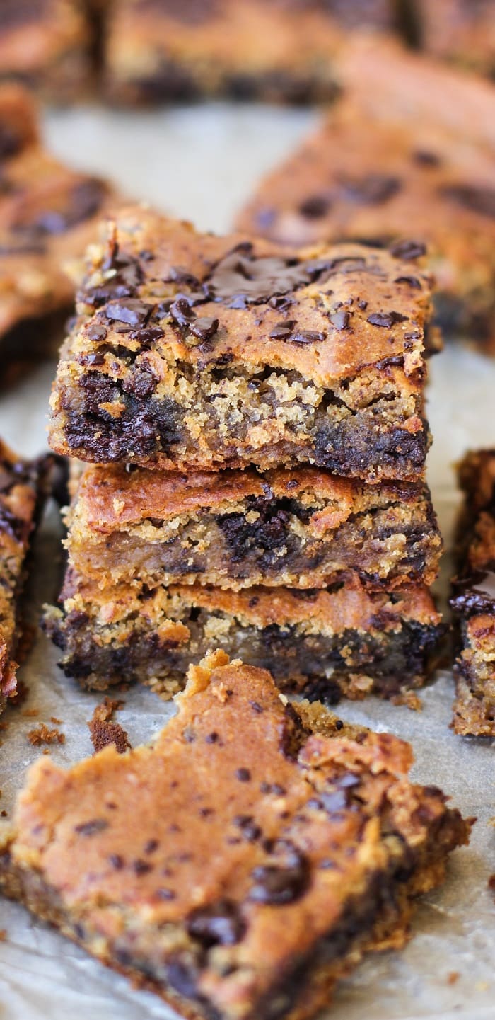 Peanut Butter Chocolate Chip Chickpea Bars - gluten-free, refined sugar-free, dairy-free, and packed with protein and fiber! | TheRoastedRoot.net #glutenfree #healthy #dessert #recipe