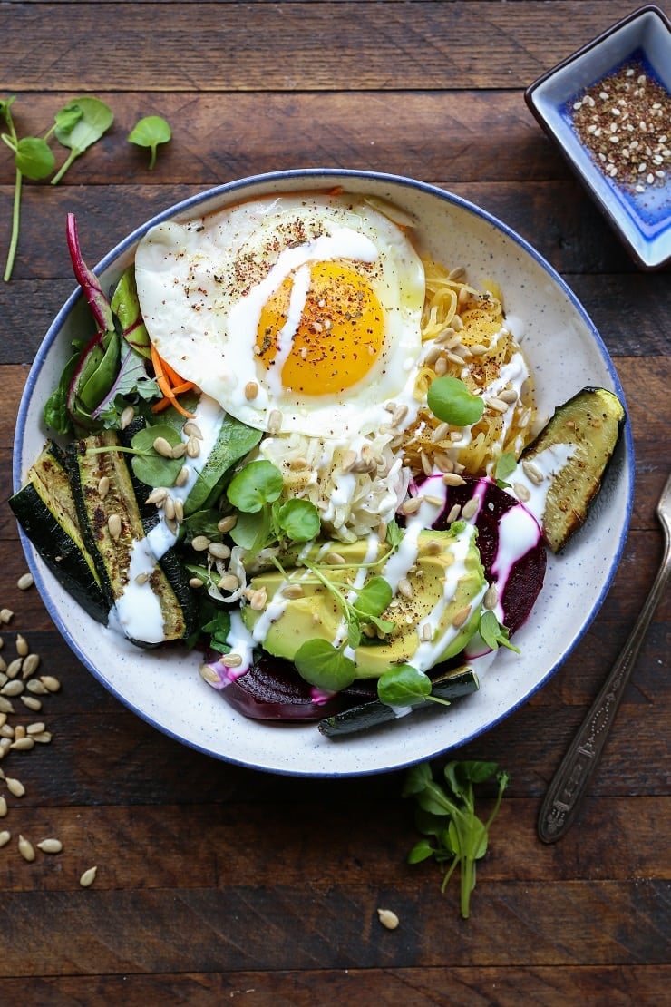 Prebiotic and Probiotic Macro Bowls - spaghetti squash, beets, greens, avocado, roasted vegetables, sauerkraut, and kefir makes for a healthy well-balanced meal. | TheRoastedRoot.net #healthy #dinner #recipe #glutenfree