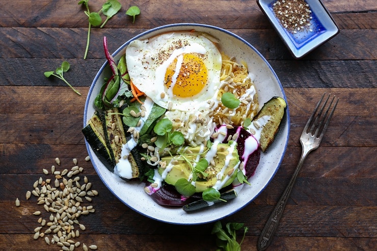 Prebiotic and Probiotic Macro Bowls - spaghetti squash, beets, greens, avocado, roasted vegetables, sauerkraut, and kefir makes for a healthy well-balanced meal. | TheRoastedRoot.net #healthy #dinner #recipe #glutenfree 