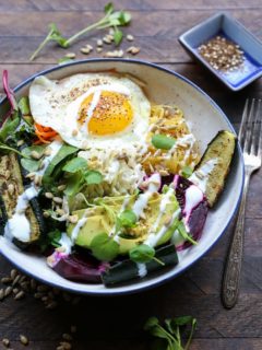 Prebiotic and Probiotic Macro Bowls - spaghetti squash, beets, greens, avocado, roasted vegetables, sauerkraut, and kefir makes for a healthy well-balanced meal. | TheRoastedRoot.net #healthy #dinner #recipe #glutenfree